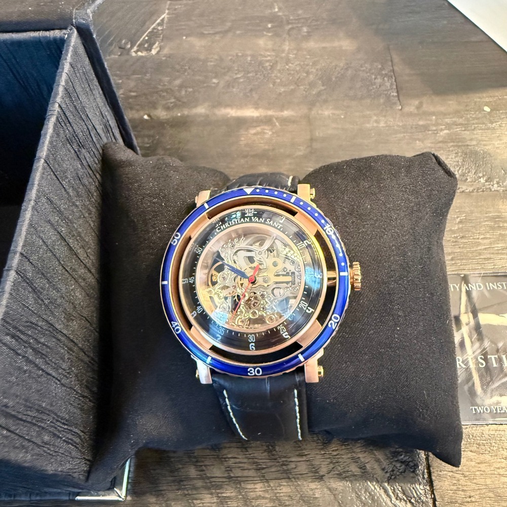 Christian Van Sant CV0743 Montego Skeleton Automatic Watch Rose Gold Blue Bezel